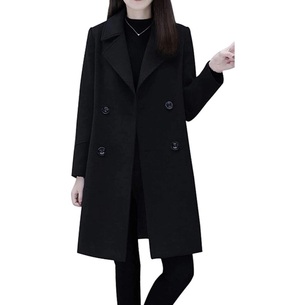 Chouyatou Black Wool Blend Coat Women Quilted Double Breasted M - F020